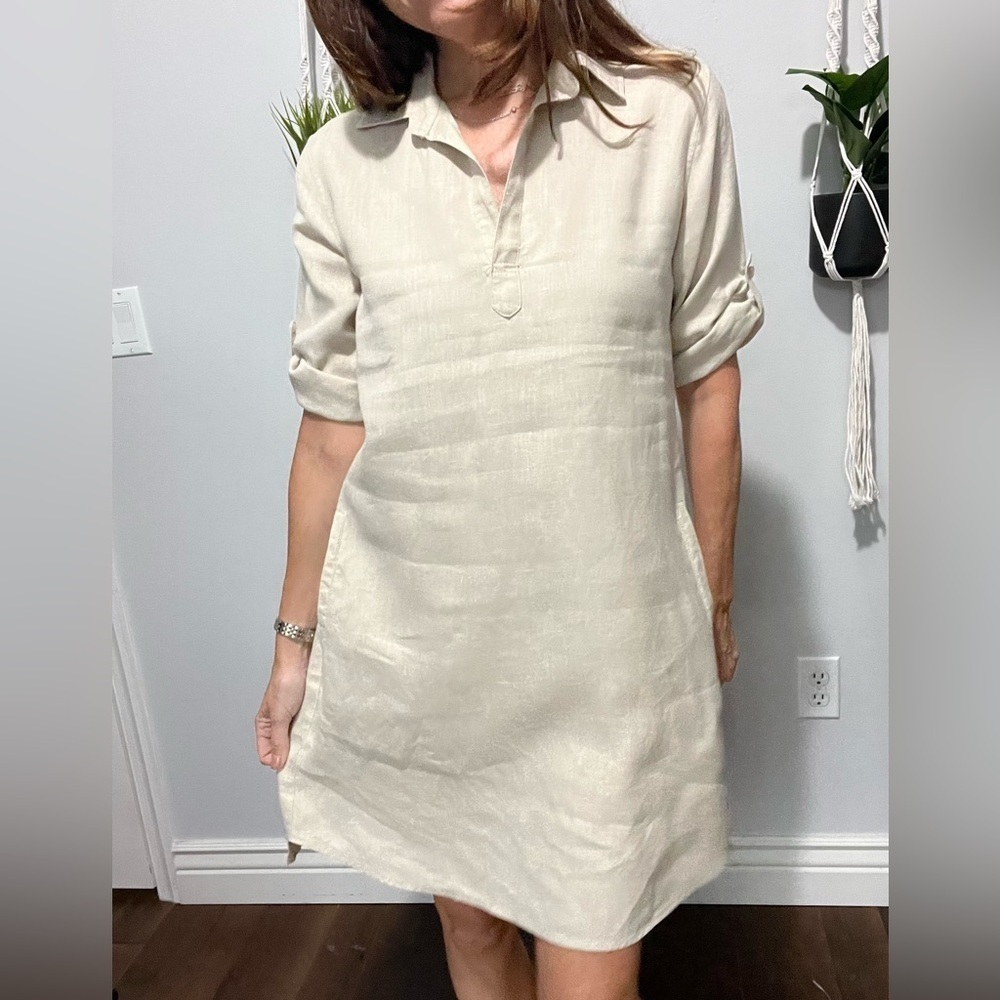 Pure Amici Linen Roll Tab Sleeve Tan Khaki Shirt Dress Small - Picture 2 of 12